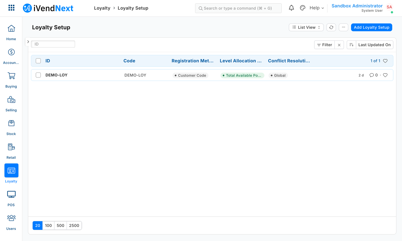 The Loyalty Setup list in iVendNext Desk